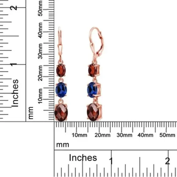18K Rose Gold with 6.21Cttw 3 Stone Garnet and Royal Blue Sapphire Drop Earrings